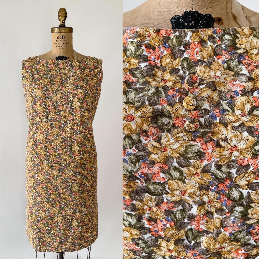 Vintage 1960s Mustard Yellow Fall Floral Cotton Aline Midi Shift Day Dress M